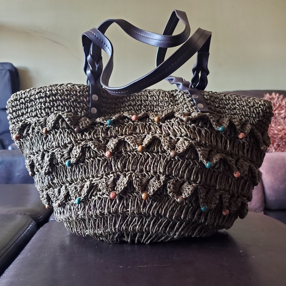 Small Brown Straw Tote with Bead Design